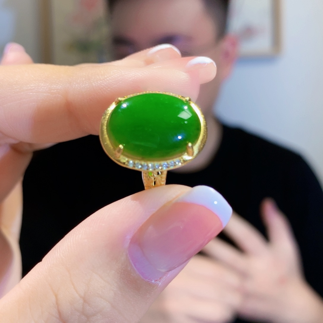 和田玉（碧玉）戒指银S925镀金镶嵌