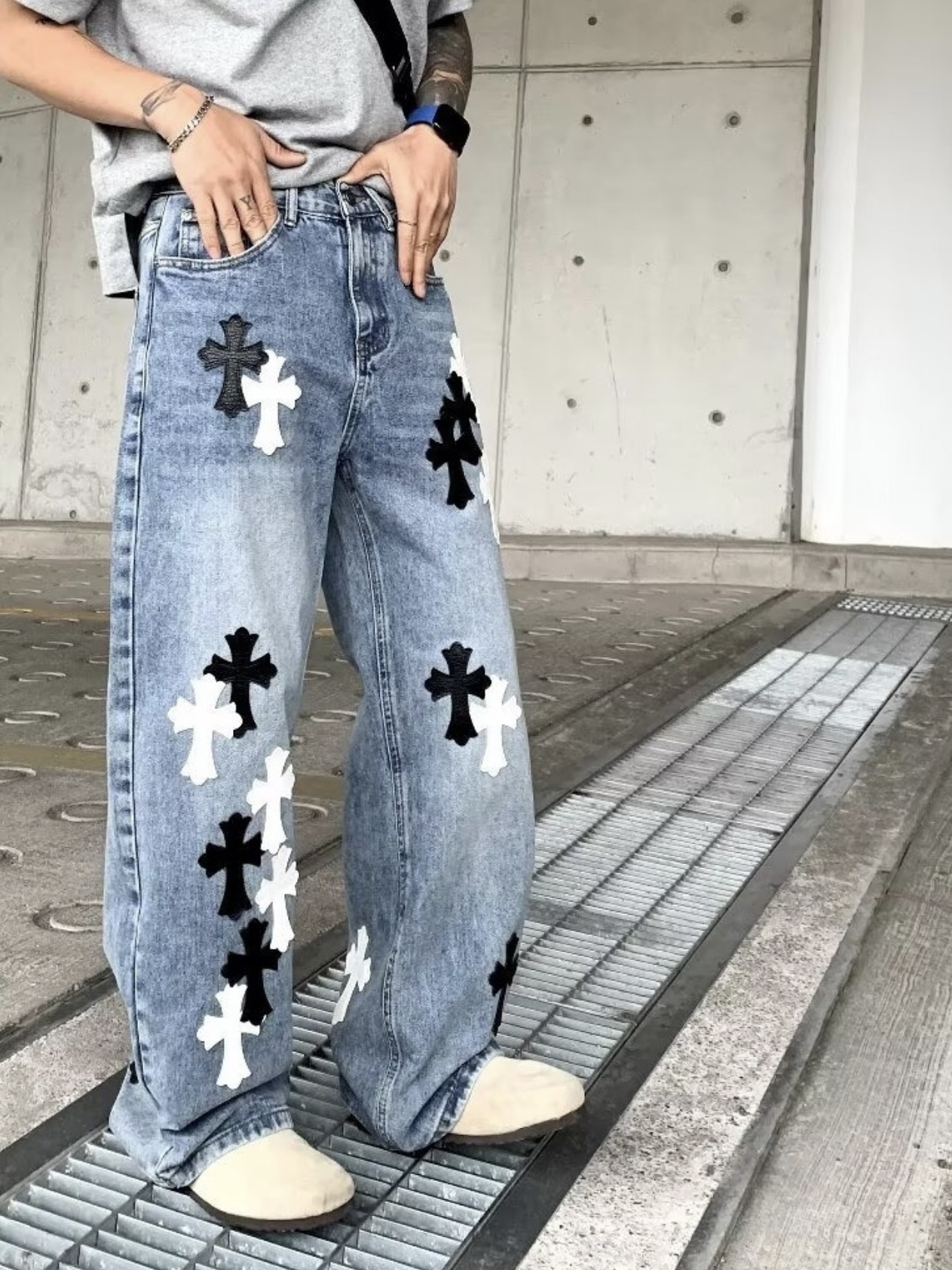 【烙印】复古中腰美式休闲风做旧微弹潮流vibe牛仔裤水洗个性印花