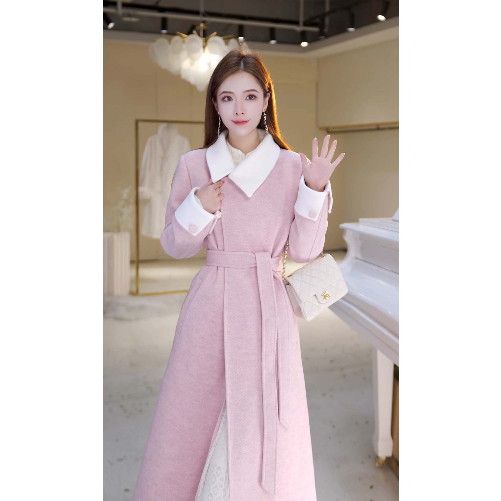 【北栀】翻领撞色设计感毛呢大衣813414