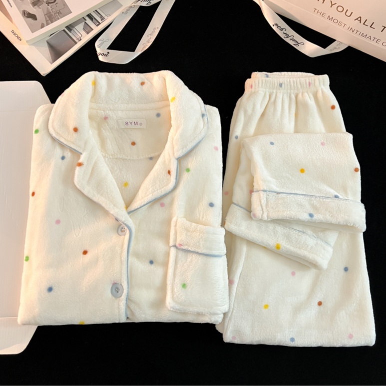 【彩虹豆】法兰绒秋冬季大码睡衣女甜美小清新宽松家居服可外穿套装