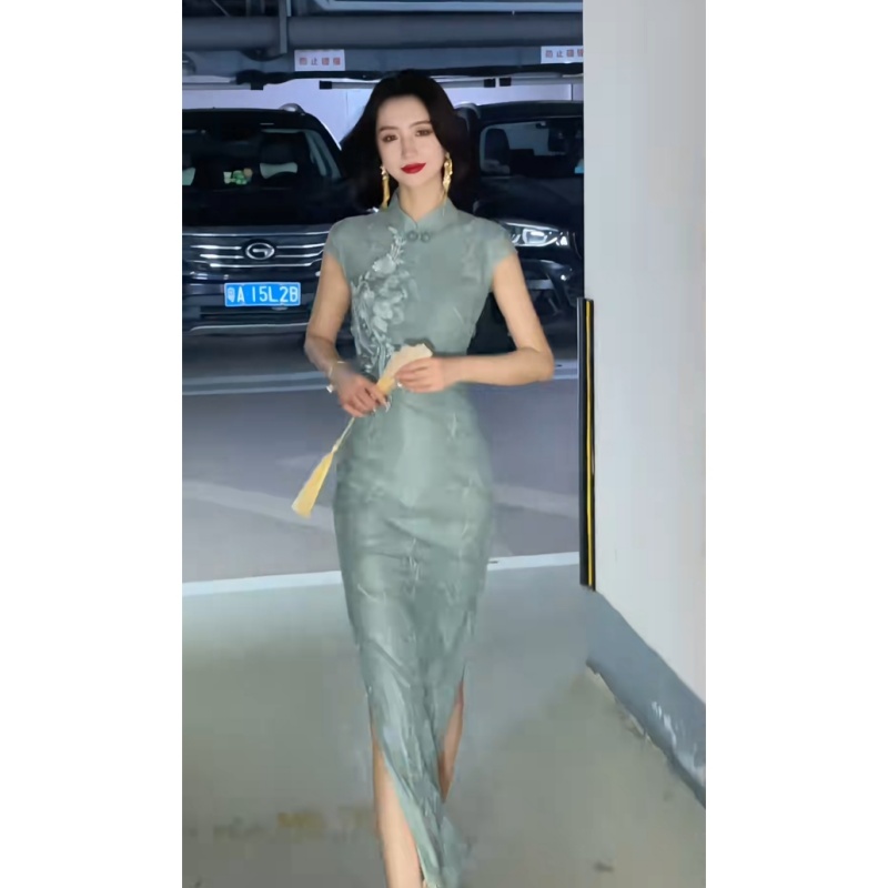 新中式国风气质优雅蓝色修身显瘦连衣裙女年轻款精致古法旗袍裙夏