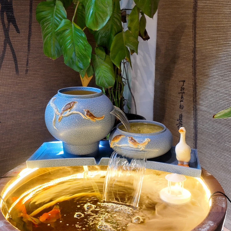 楚汉听香大双喜临门古法养鱼瀑布流水造景过滤增氧生态陶瓷养鱼