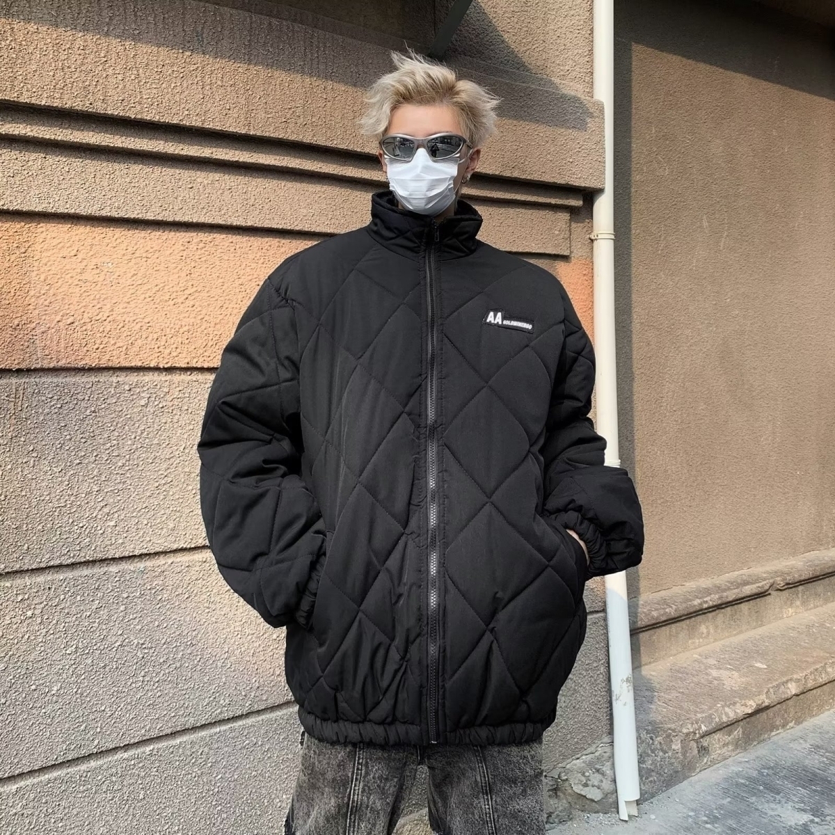 8009秋冬季韩版菱形格立领棉服男女百搭复古休闲棉衣外套ins