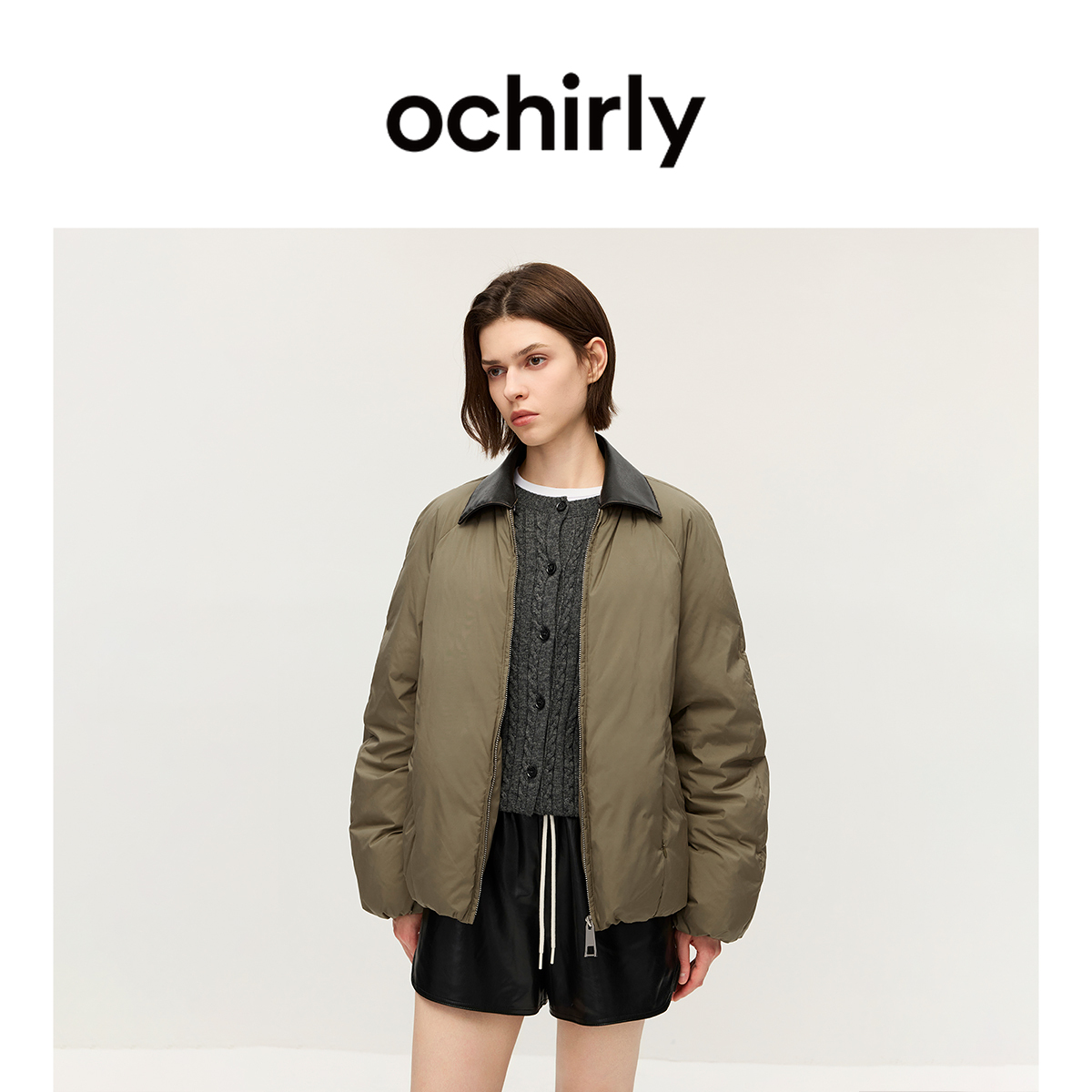 OCHIRLY欧时力 巴恩风皮领插肩羽绒服外套女时尚通勤2025秋季新品