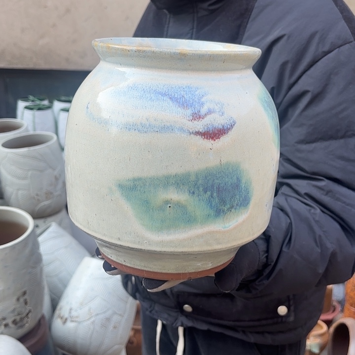 红陶水墨画一个口径15.5*19