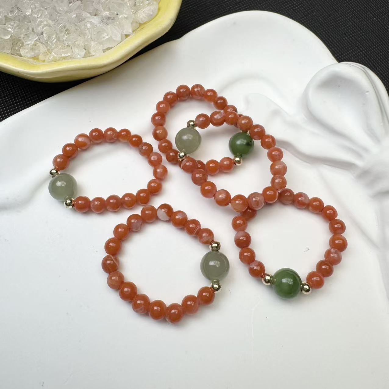 A278天然南红小米珠搭配和田玉碧玉圆珠设计指环【多样性发其一】