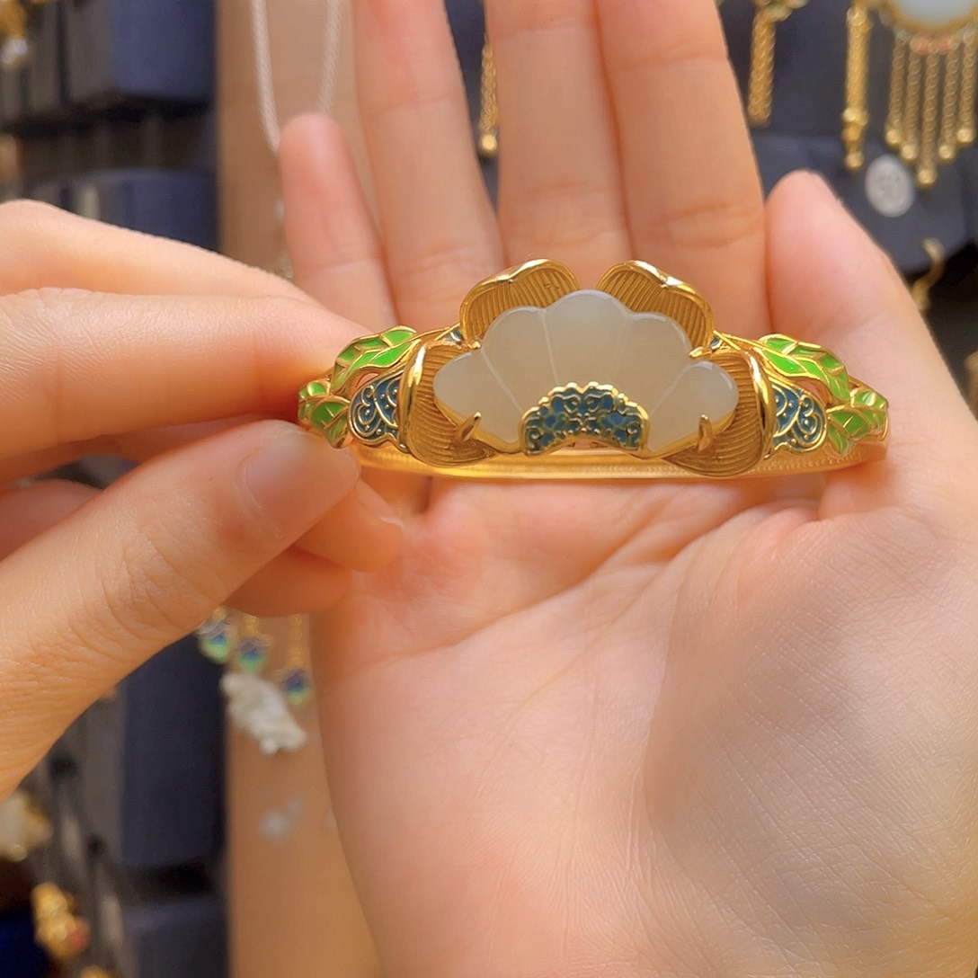 和田玉手镯银S925镀金镶嵌