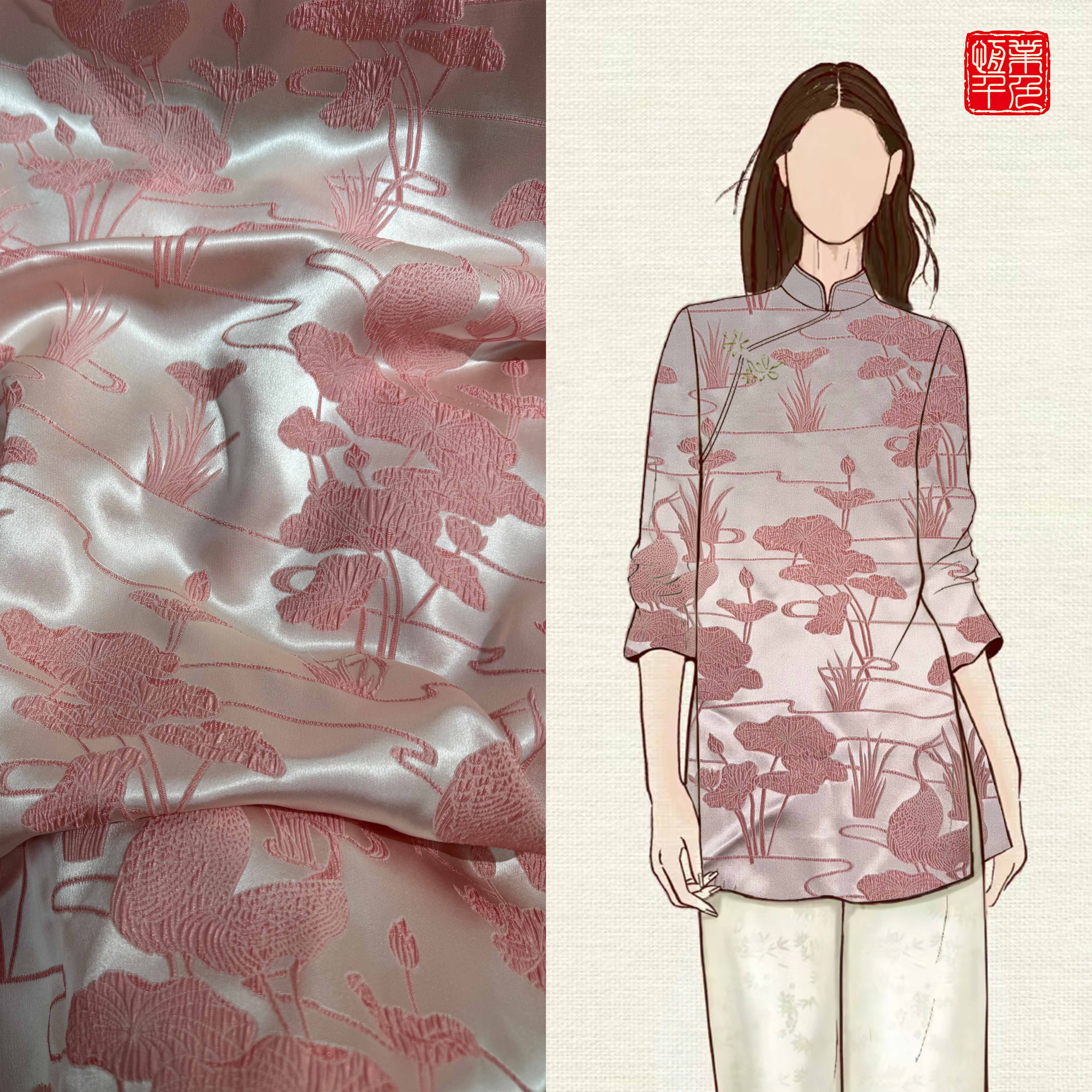 色织冠乐绉·荷塘贺莲烈焰粉红 140门幅30姆米弹力新中式外套面料