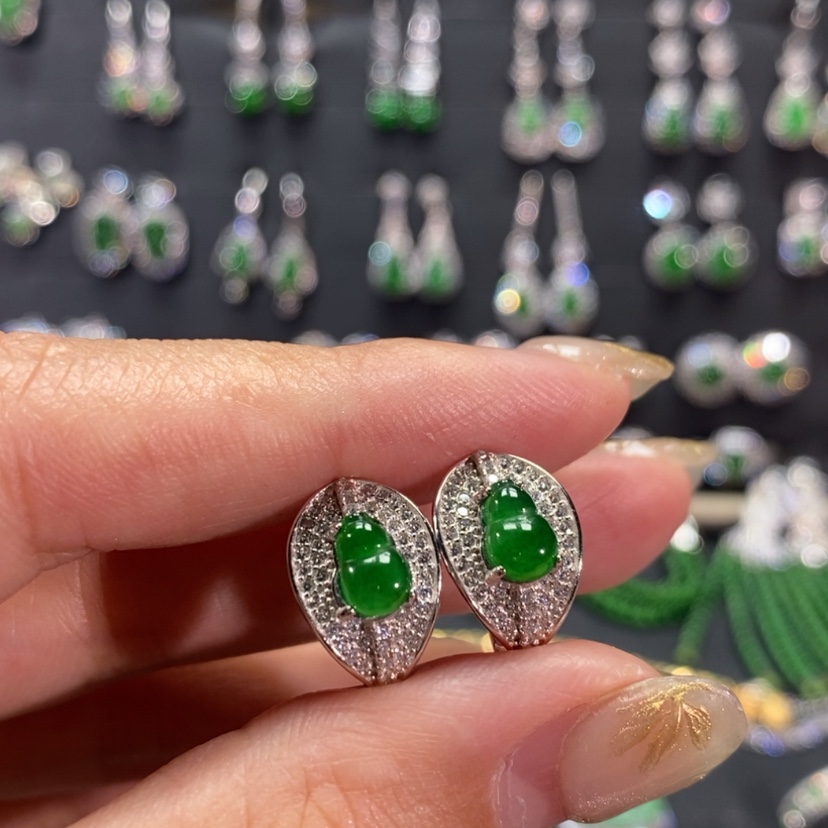 【闪购商品】翡翠耳饰银S925镀金镶嵌