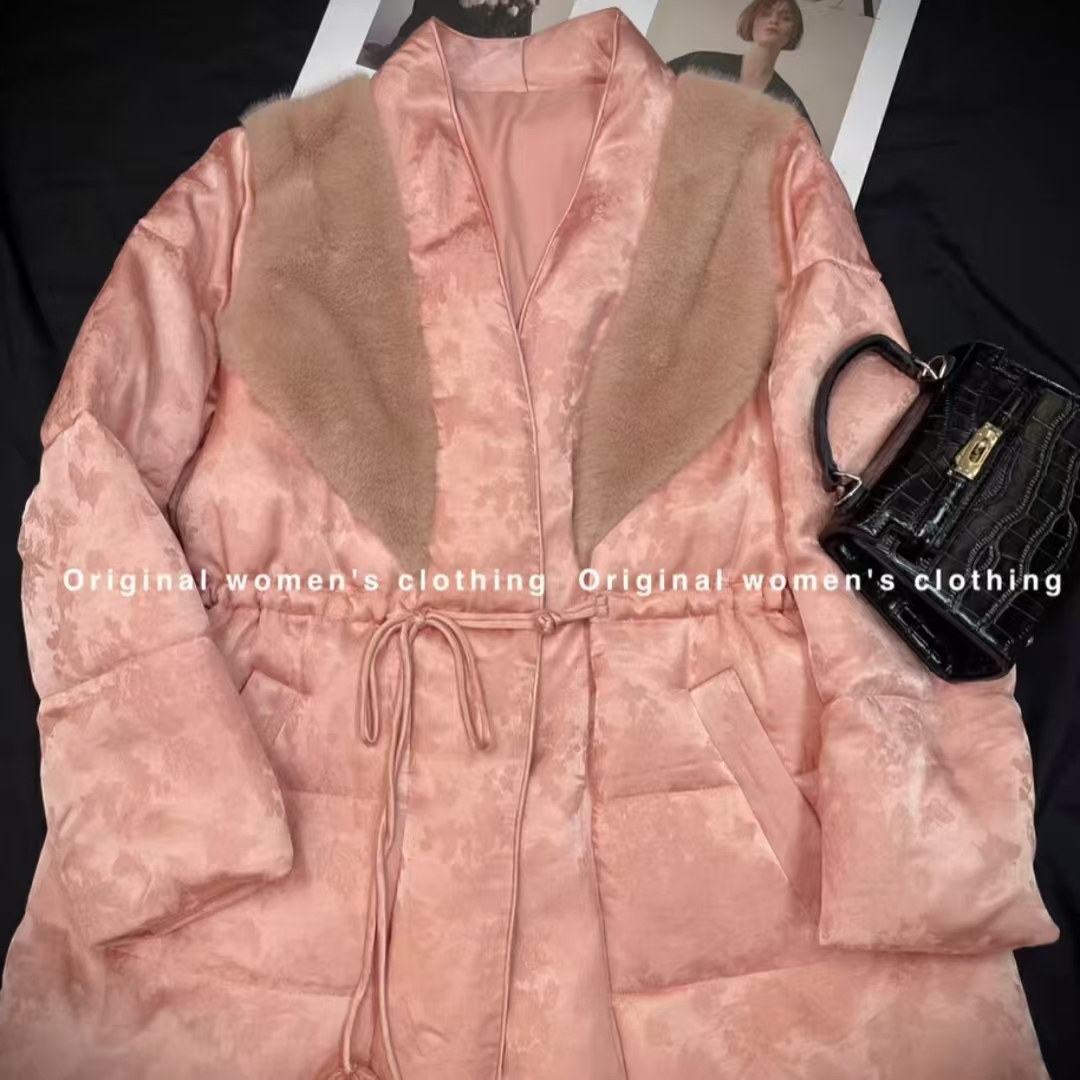 6880冬季新款毛毛拼接V领中长款气质收腰保暖外套MF/0108