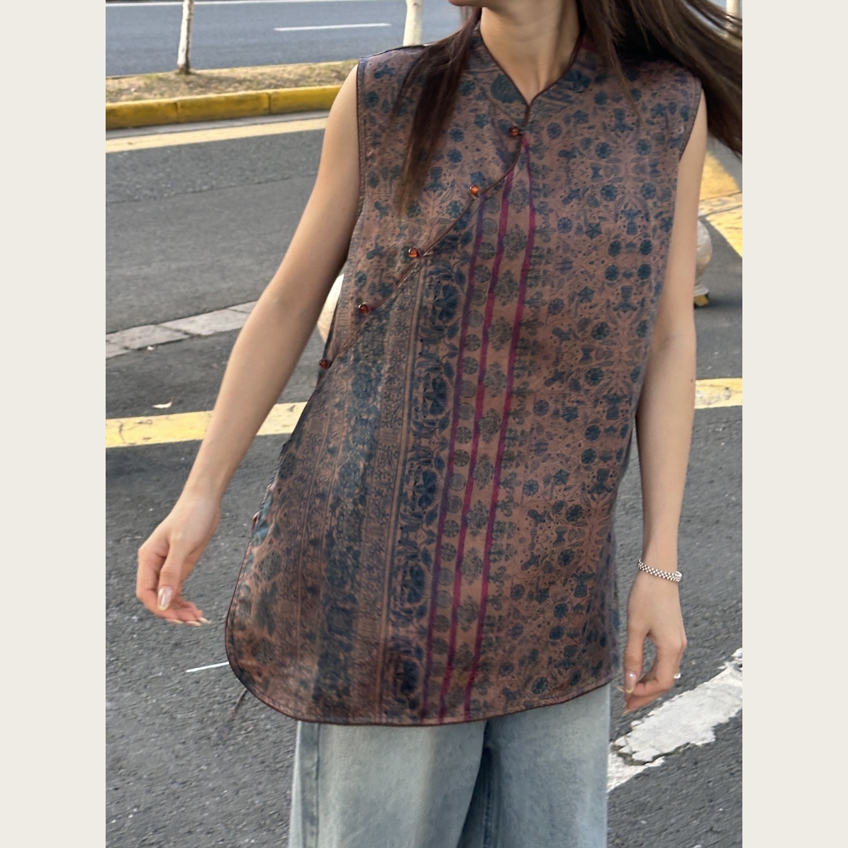 香云纱青花瓷卡绳奥黛 桑蚕丝上衣（红线花位不同 具体联系客服）
