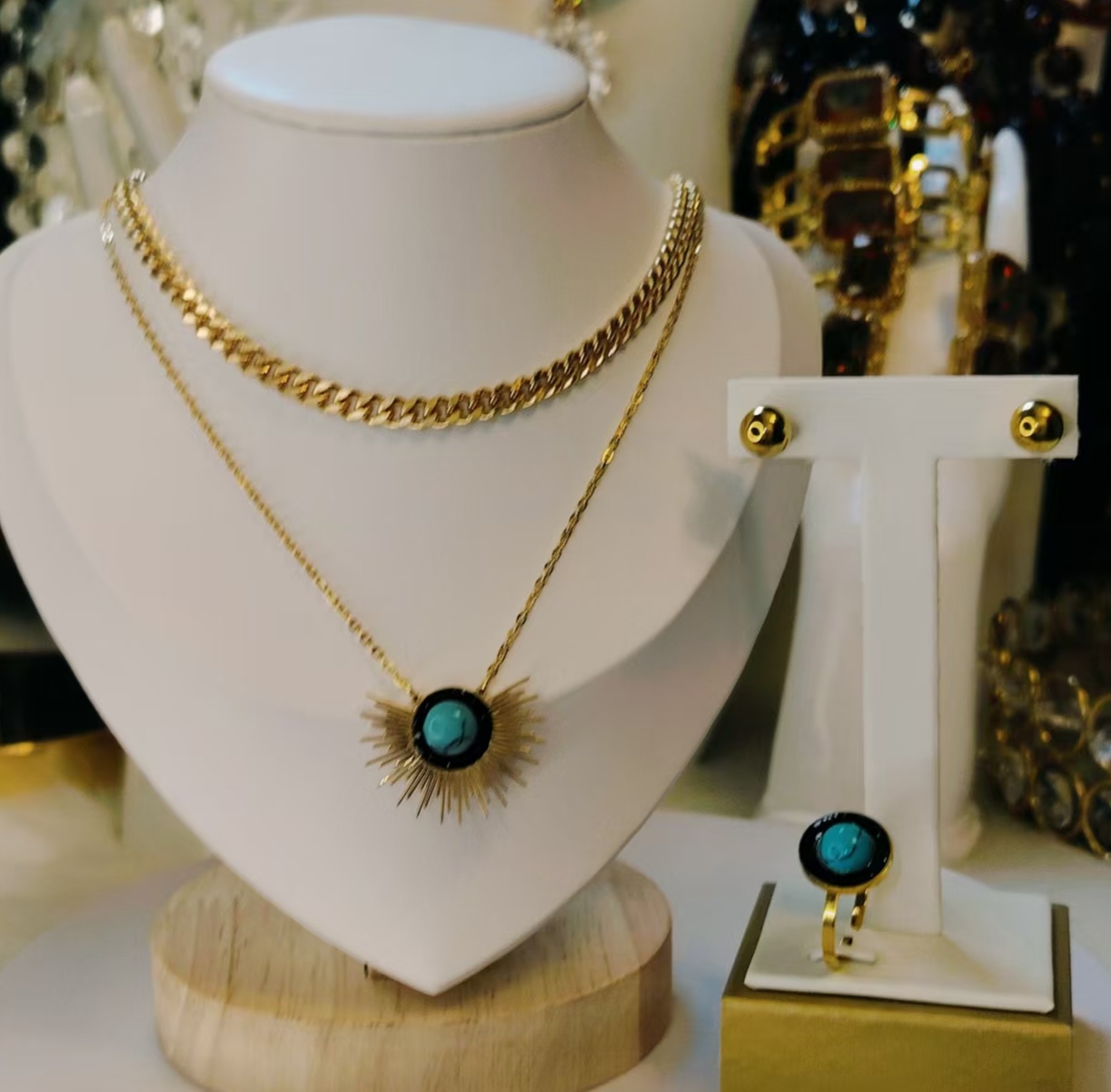 钛钢项链 优雅百搭复古镶嵌钛钢太阳花双层项链耳环戒指简约饰品