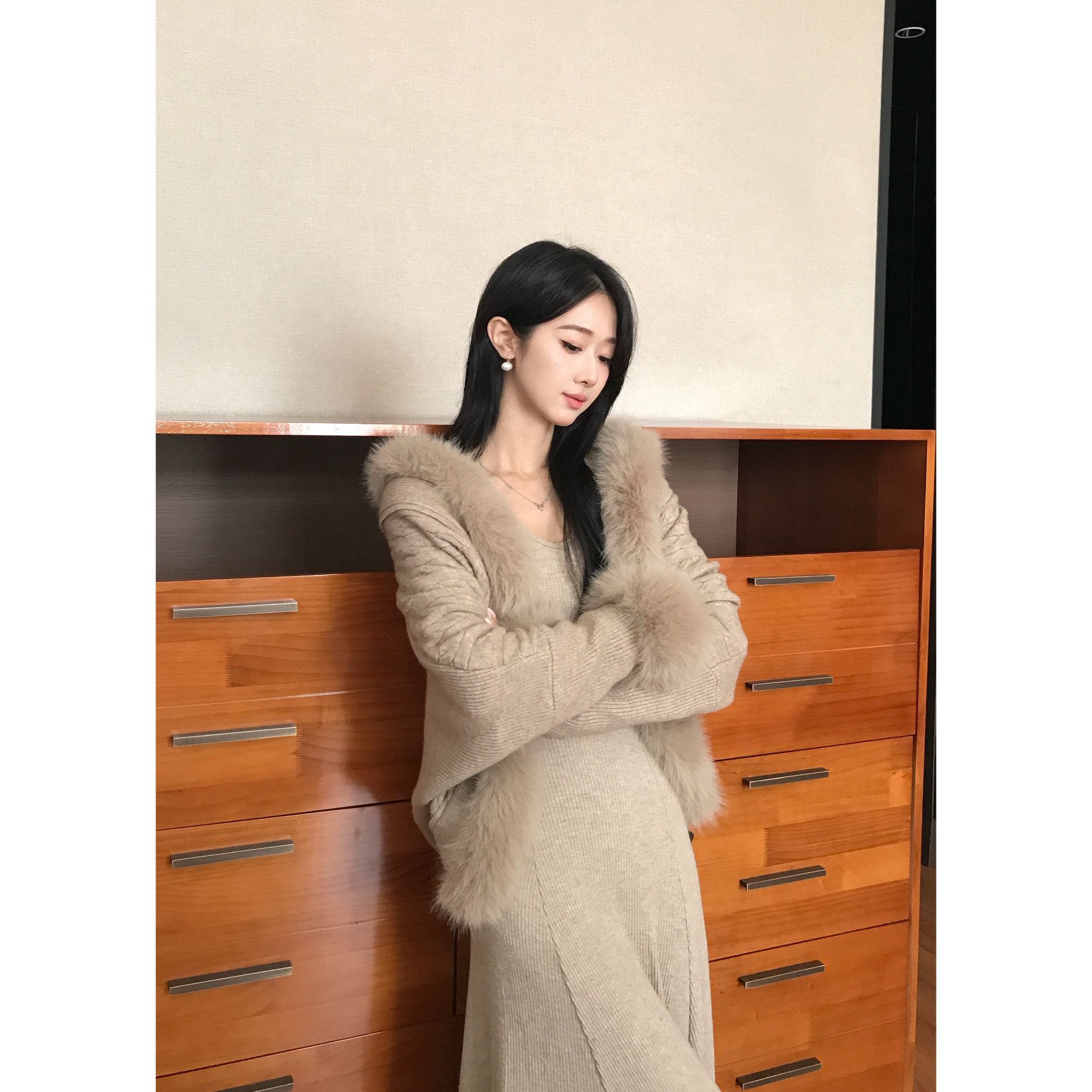 城市猎人 慵懒感毛领拼接毛衣外套秋冬蝙蝠袖针织披肩开衫