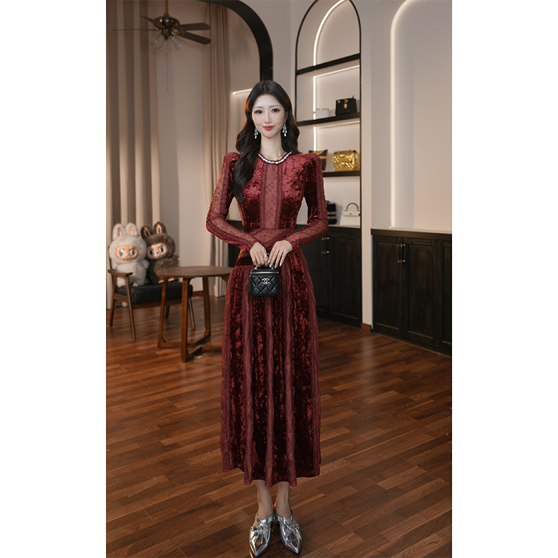 【滋滋定制】秋冬季新款时尚婚宴礼服裙简约镂空酒红色连衣裙21931