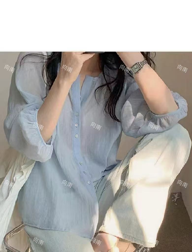 女士夏日休闲风 薄款V领苎麻宽松衬衫