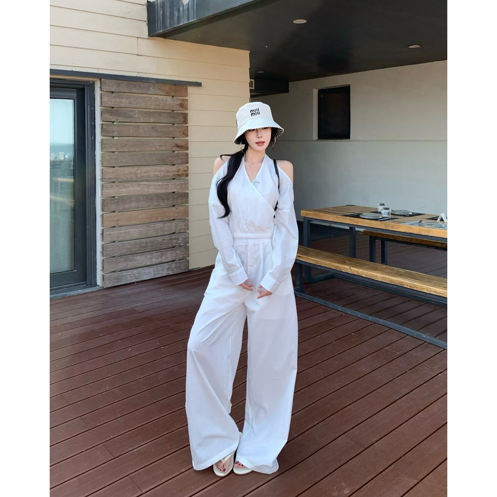 老钱风设计感V领挂脖露肩长袖衬衫+宽松休闲阔腿裤套装7307