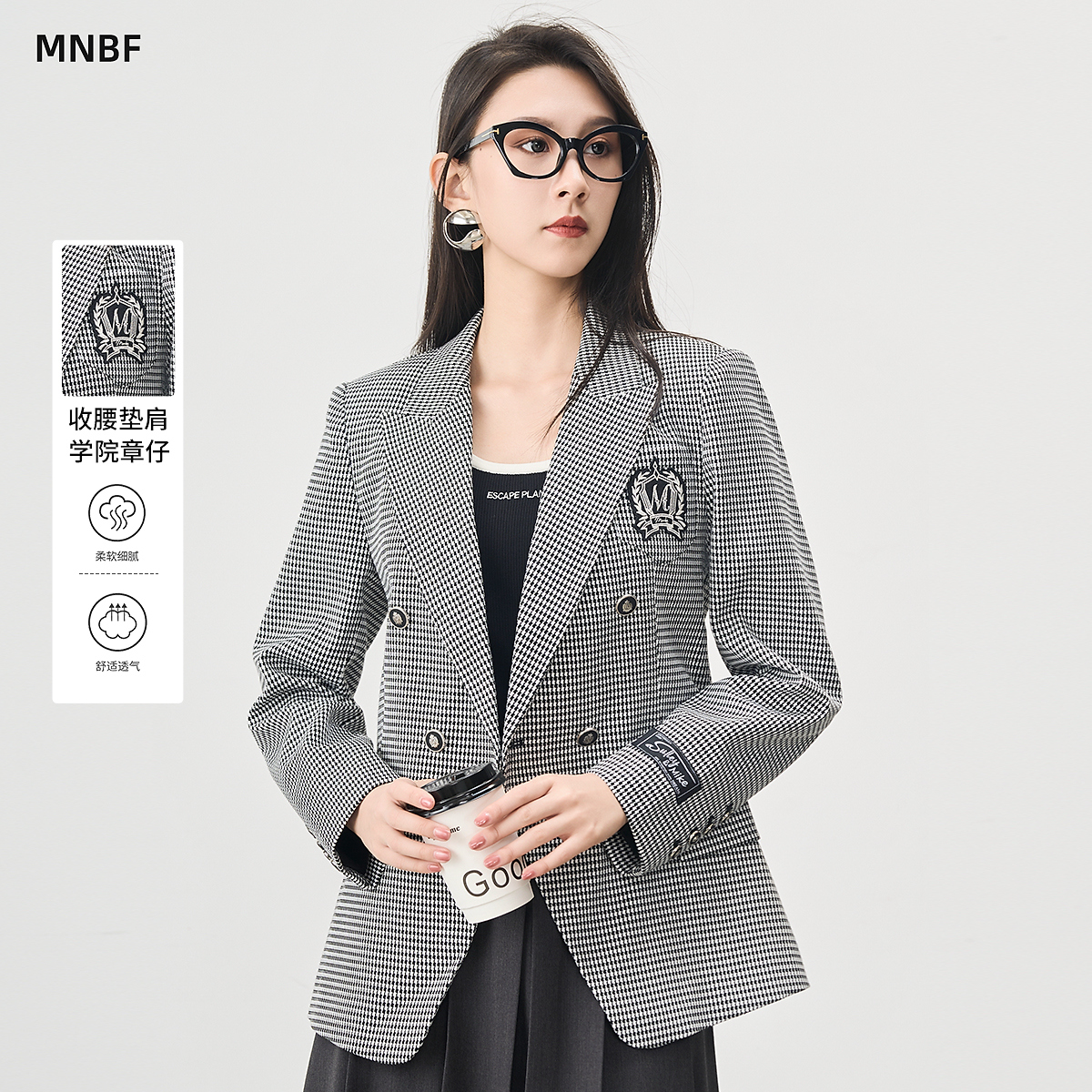 秋季商城同款英伦修身千鸟格西装外套职场MEBG135145
