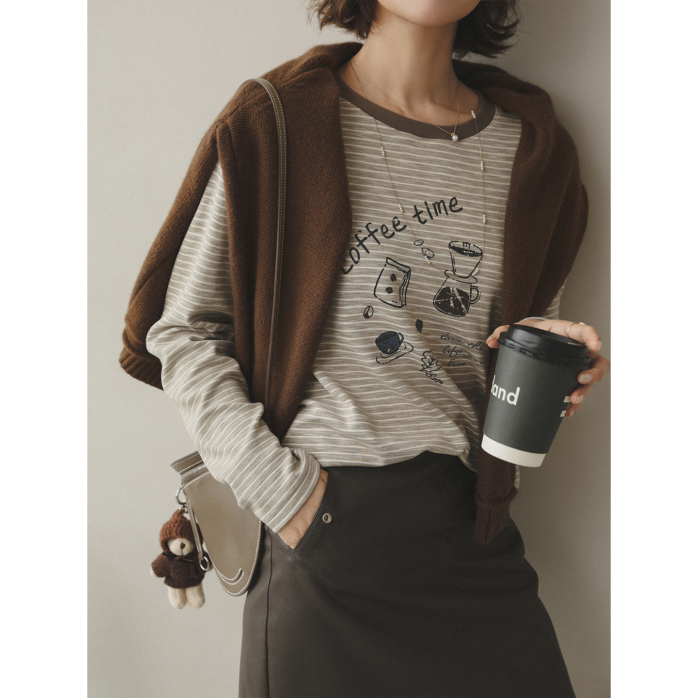 苹果的生活家|咖啡时光 撞色领绒感宽松休闲条纹长袖印花T恤童