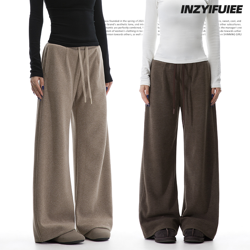 INZYIFUIEE桑蚕丝羊绒卫裤秋冬磨毛阔腿裤松紧腰垂感女款裤子