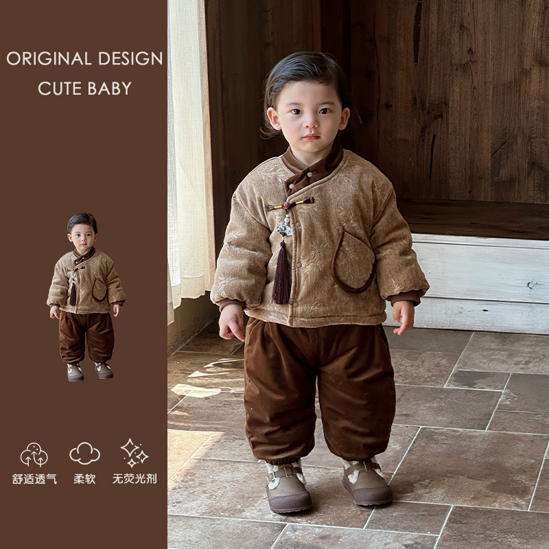 男童套装秋冬装宝宝加绒夹棉国风唐装儿童新中式周岁宴礼服两件套