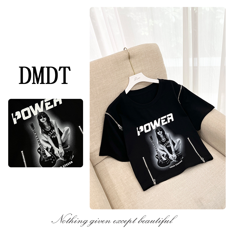 【DMDT潮牌】2025夏季新品“摇滚女孩”拉链印花圆领短袖休闲T恤B1967