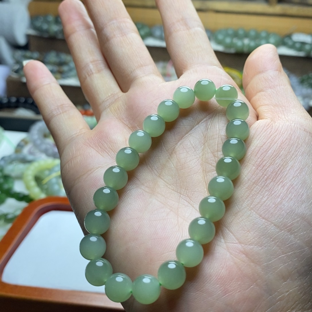 手链未镶嵌和田玉8mm冰胶底微猫圆珠