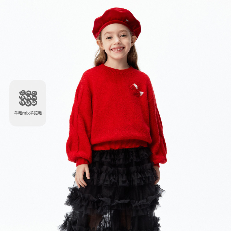 littlemoco童装26春装新款女童含羊毛新年小马章仔毛衣长袖上衣