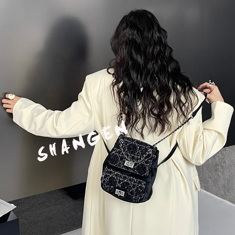 【尚恩CC】ZT-D7086-斑澜黑-轻奢时尚百搭女士新款粗呢双肩包