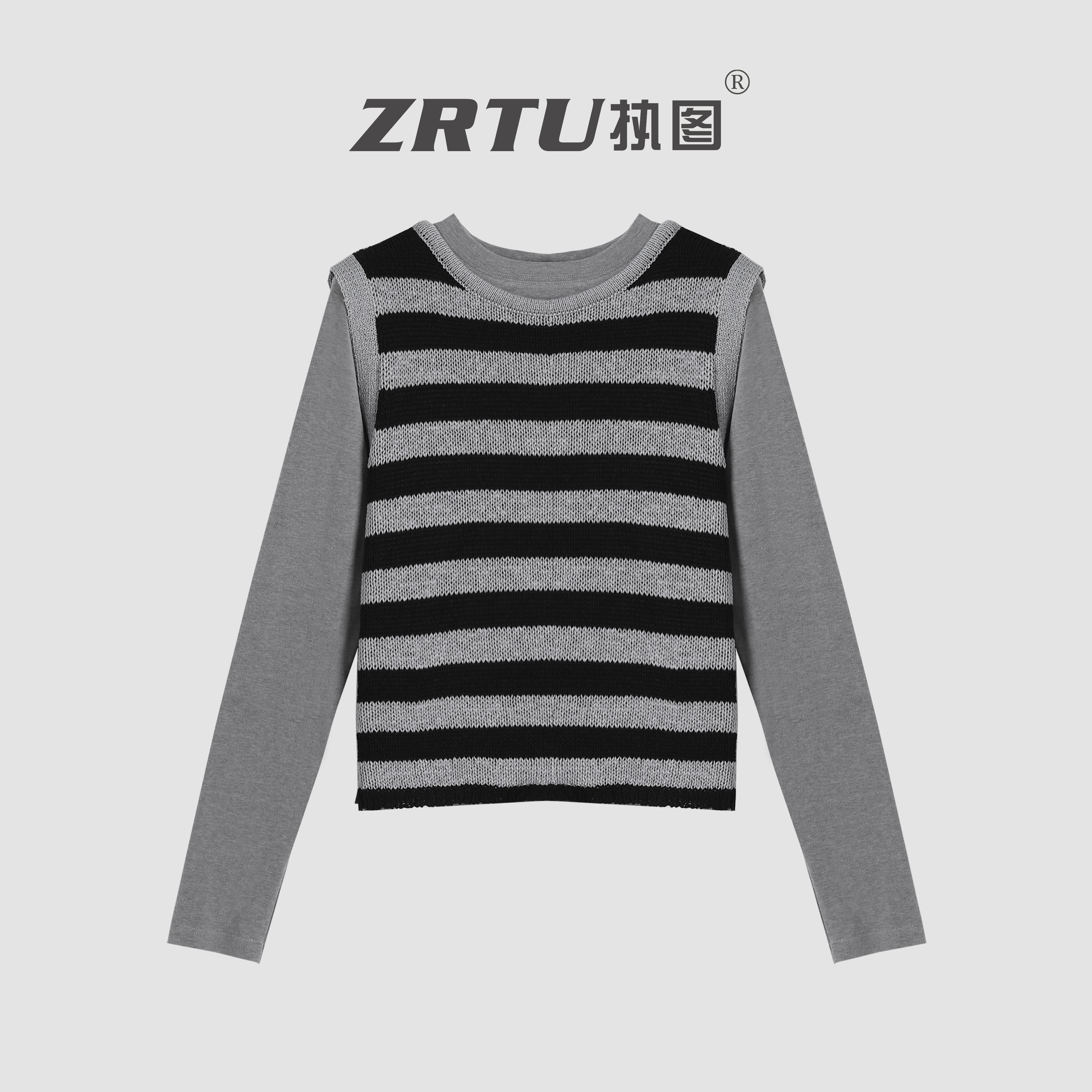 ZRTU/执图2025秋季新款时尚休闲毛针织衫撞色条纹女长袖两件套