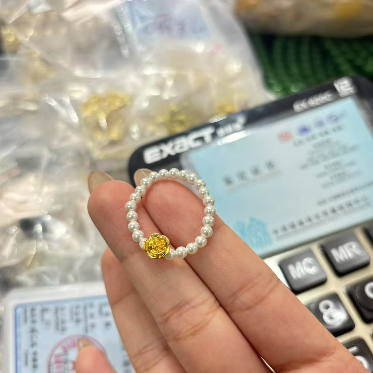 【MS】足 金999百搭玫瑰花珍珠戒指戒圈-HJ014-2