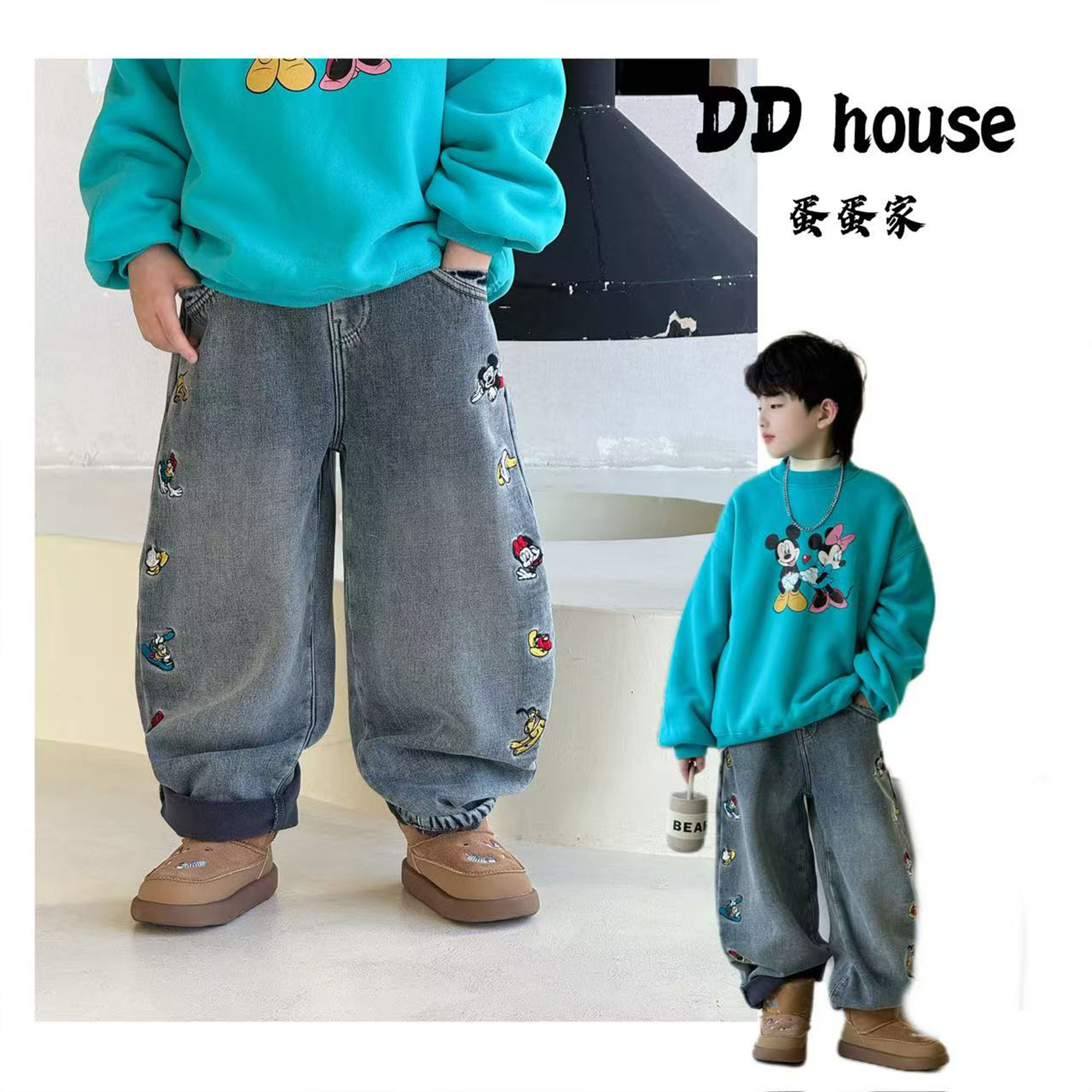 蛋蛋家【缤纷卡通】25373冬季新款蓝色侧边卡通加绒牛仔裤