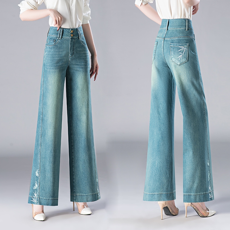 刺绣窄版阔腿牛仔裤女款爆款2025新款韩版高腰显瘦百搭大码长裤子