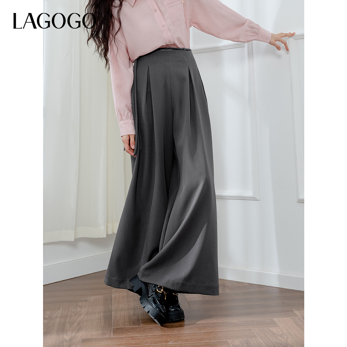 lagogo拉谷谷新款宽松舒适显瘦弹力阔腿裤女NCKK538C72