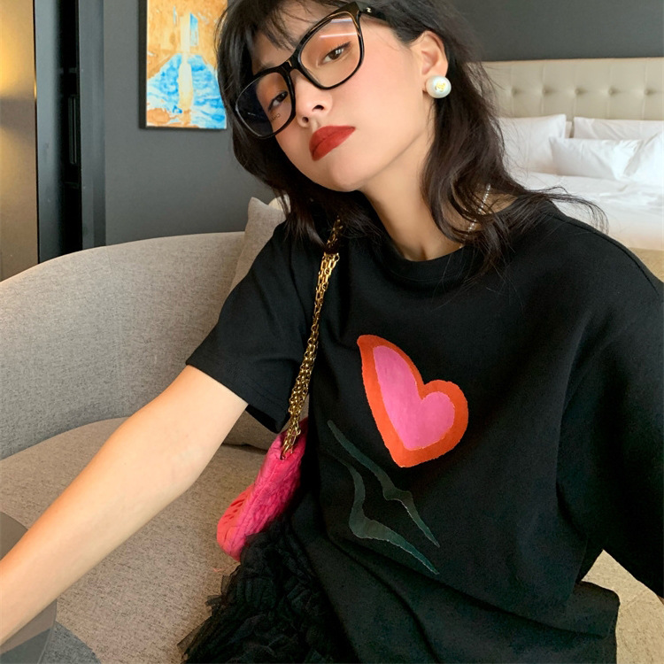 2025春夏款女ins潮韩式东大门宽松大码黑色半袖上衣休闲圆领