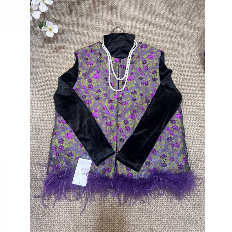 【紫烟】2025秋季新款国风加厚织锦驼鸟毛马甲上衣修身优雅轻奢女8