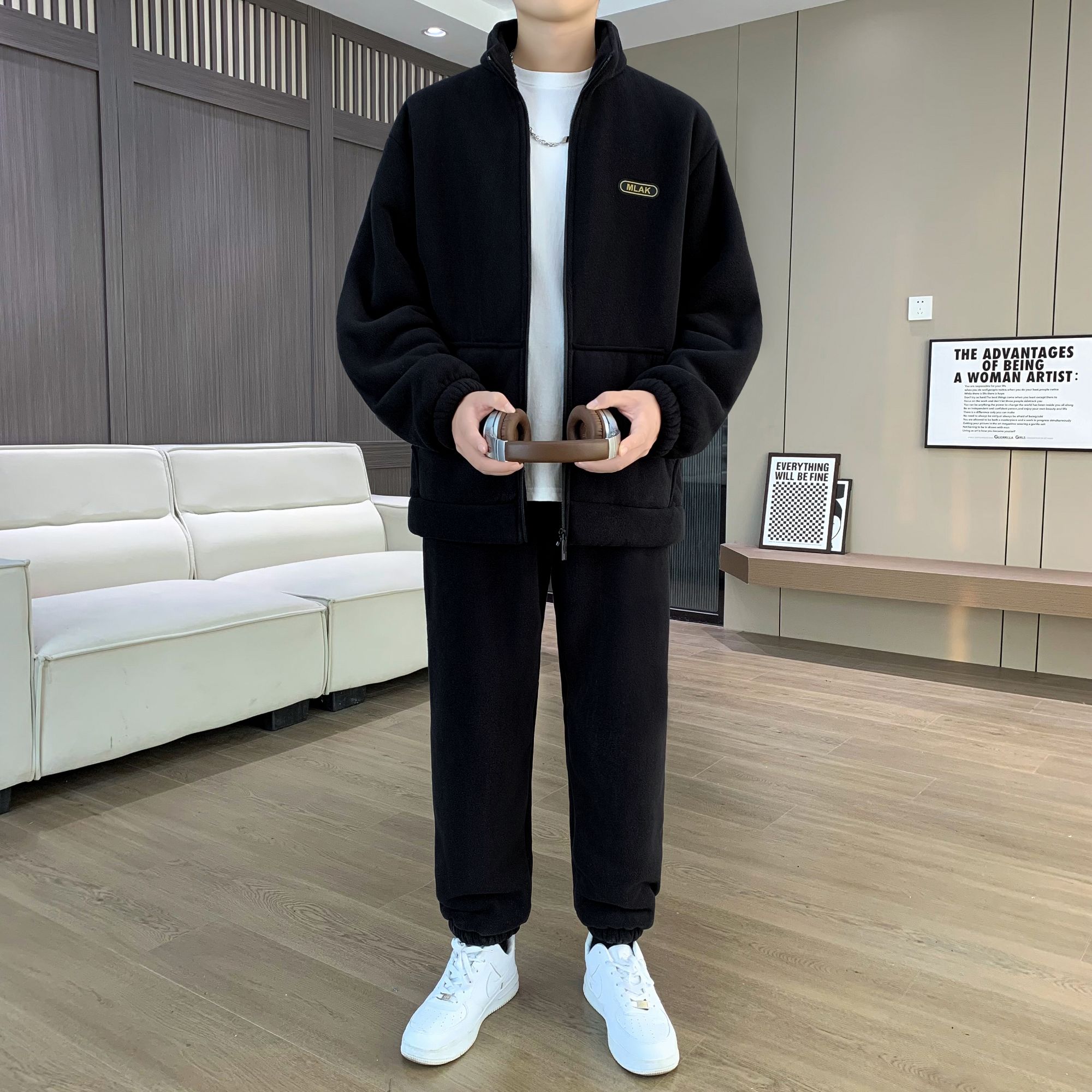 秋冬季加绒加厚摇粒绒休闲运动套装男士保暖