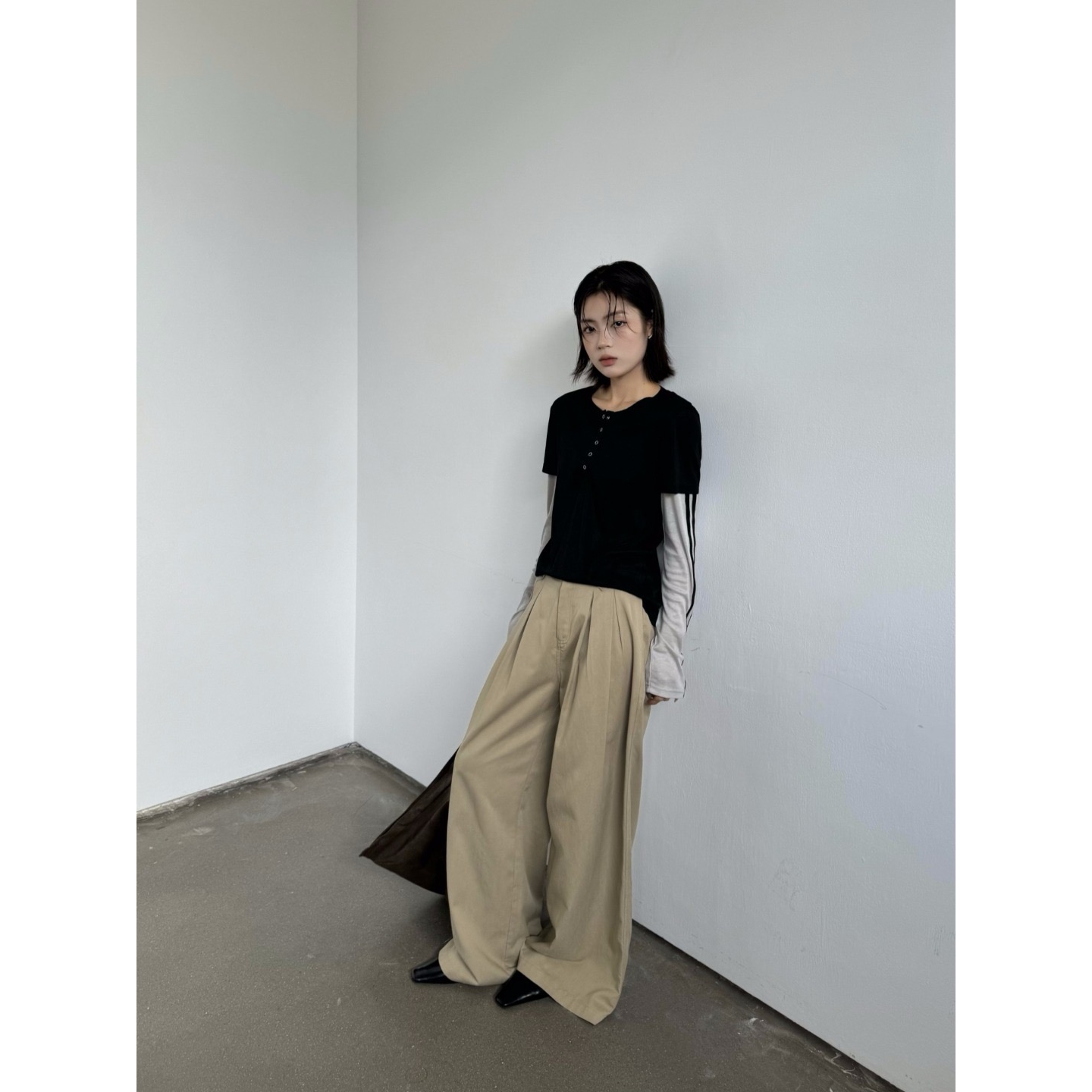 亿尚 福（1ysa3d1056#）拼色假两件 刚需圆领打底长t恤 9-4