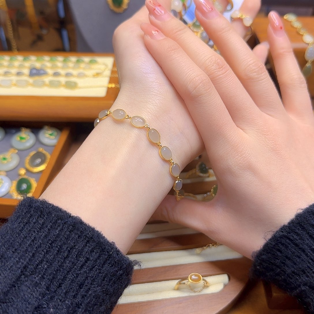 和田玉手链银S925镀金镶嵌