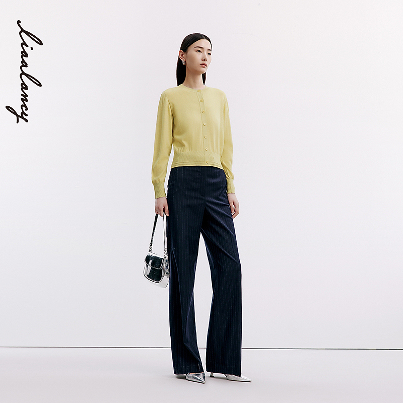 粉丝专享LANCY/朗姿2024秋季新款圆领绵羊毛长袖开衫薄短款气质针