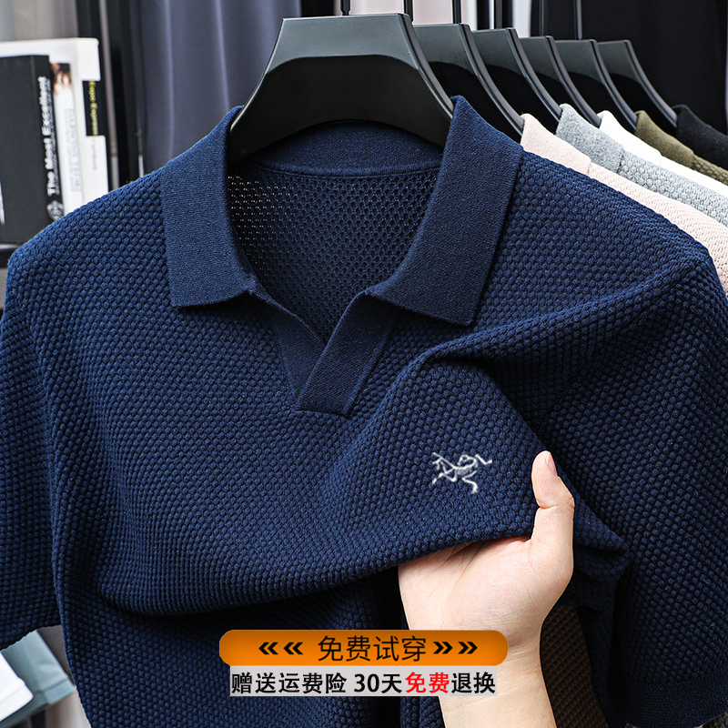 纯棉海鸥领菠萝纹针织短袖