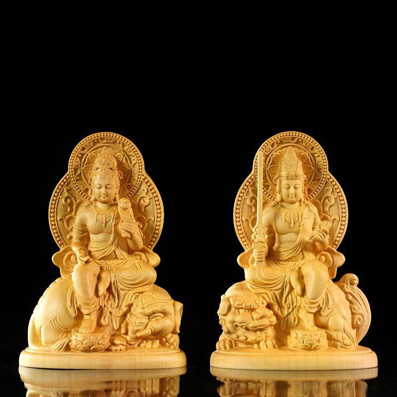 崖柏木雕文殊菩萨普贤菩萨本命生肖守护神摆件饰品居家用工艺车摆