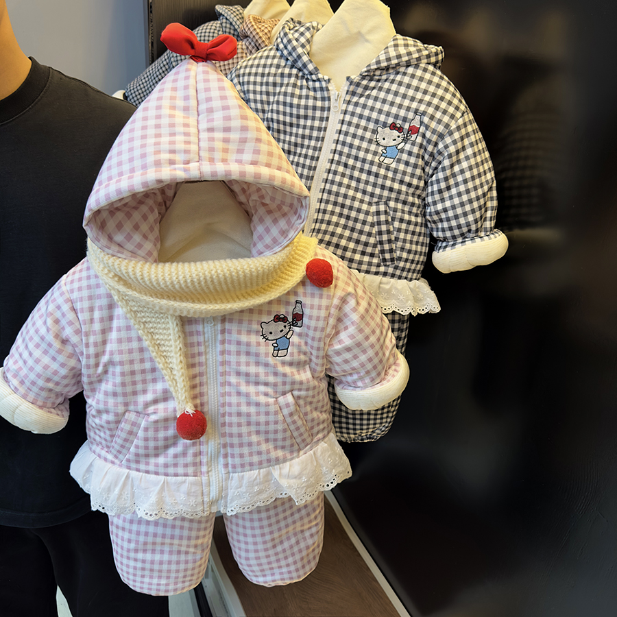 童装女童2025冬装新款女宝宝超厚棉衣休闲棉裤两件套格子连帽套装