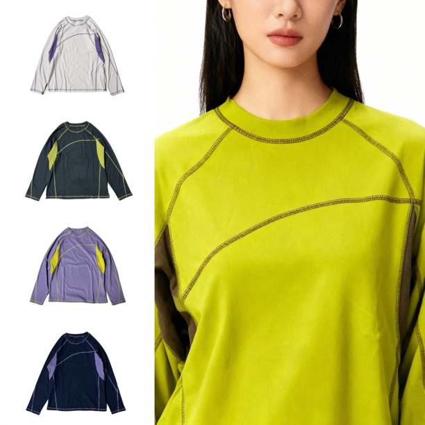 【醒醒专属】YB616秋冬山系户外双面磨毛撞色打底衫情侣款明线厚t恤