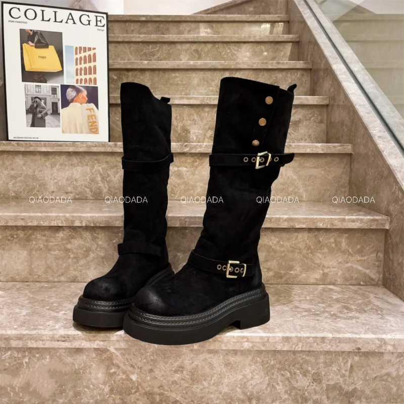 QIAODADA｜长筒靴女厚底金属扣两穿翻折显瘦增高骑士靴｜6公分