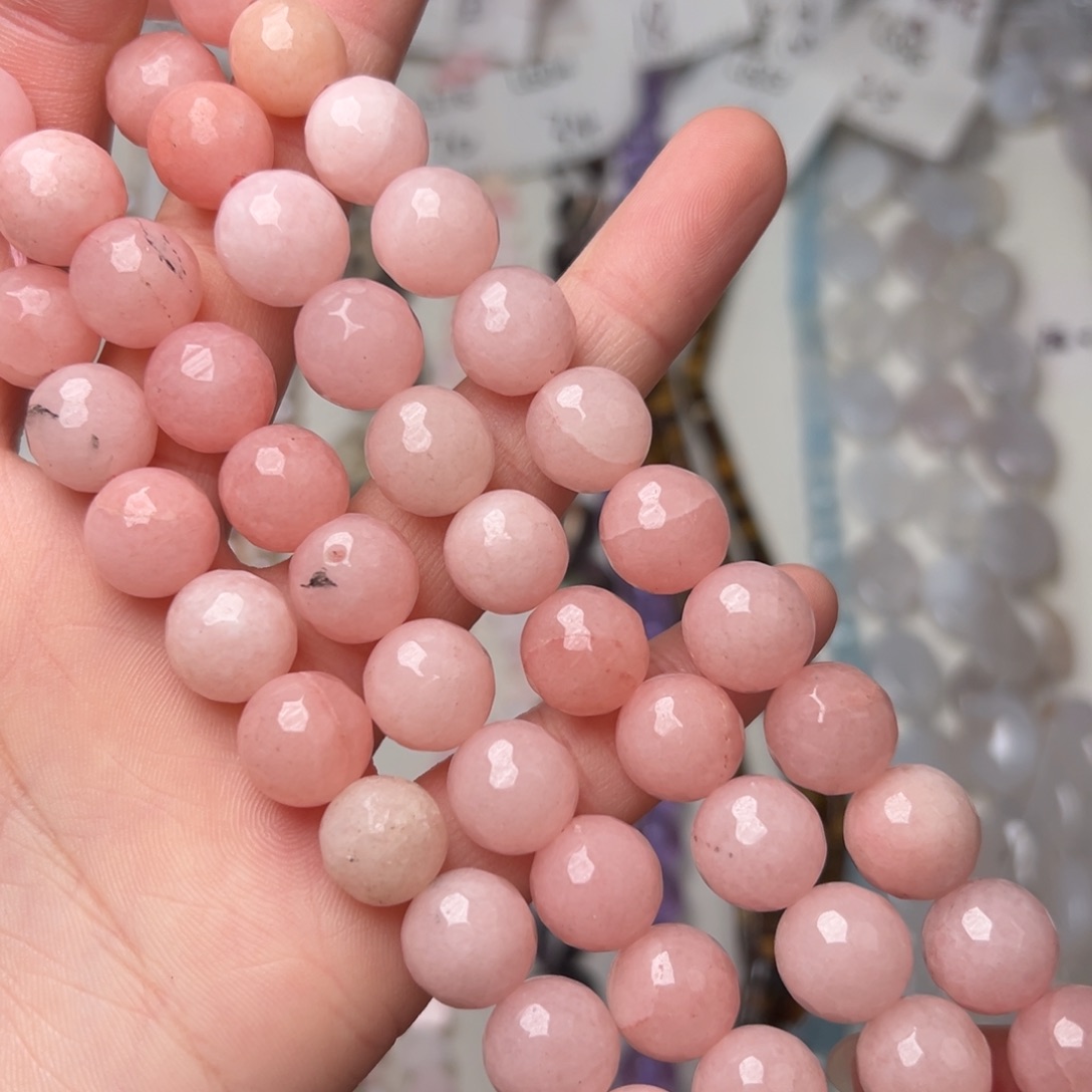 玛瑙/玉髓合金珠宝半成品L607。12mm粉玉刻面圆珠一条