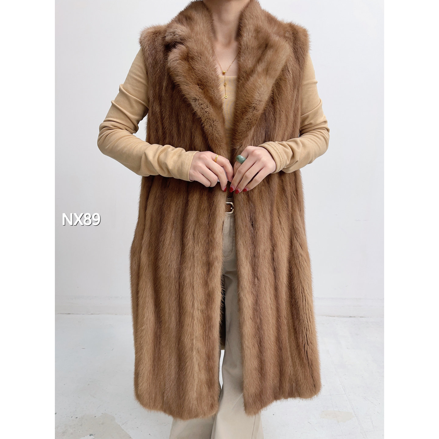 【NX89】XL 奶茶棕长款全抽水貂大衣（肩39胸114衣100袖0）22089