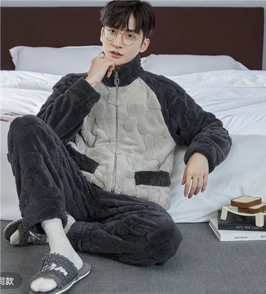 加加厚冬季男竖领睡衣加绒加厚2025新款保暖云朵绒家居服可外穿