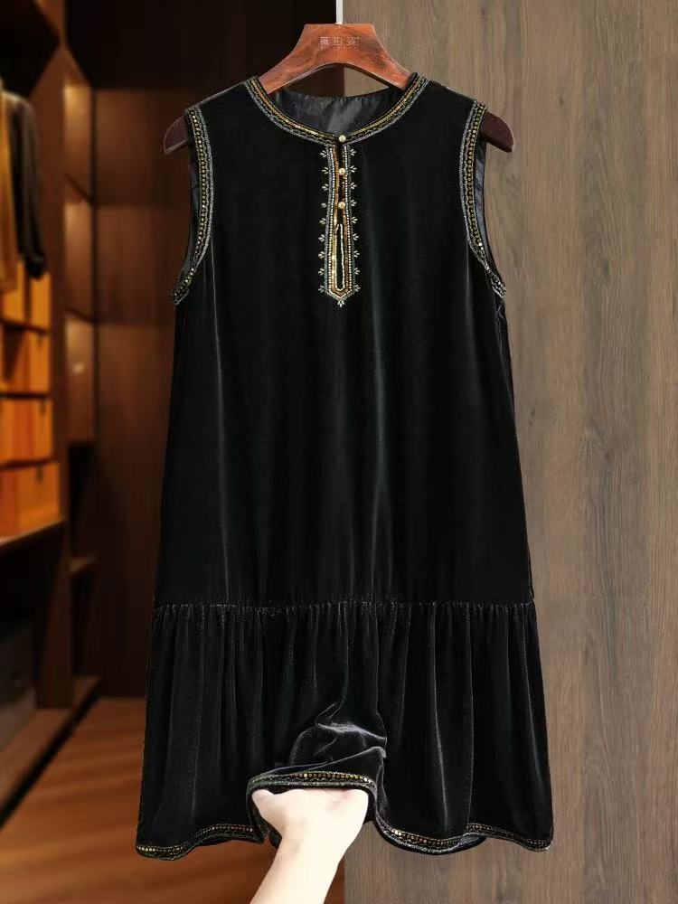 【玲姐】黑色高级感财阀千金风真丝绒女重工钉珠高贵裙253488