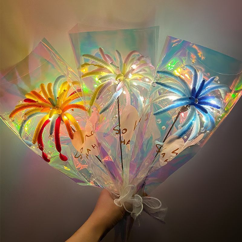 幻彩单支袋 女神节透明玫瑰花束包装袋烟花扭扭棒成品包装多支袋