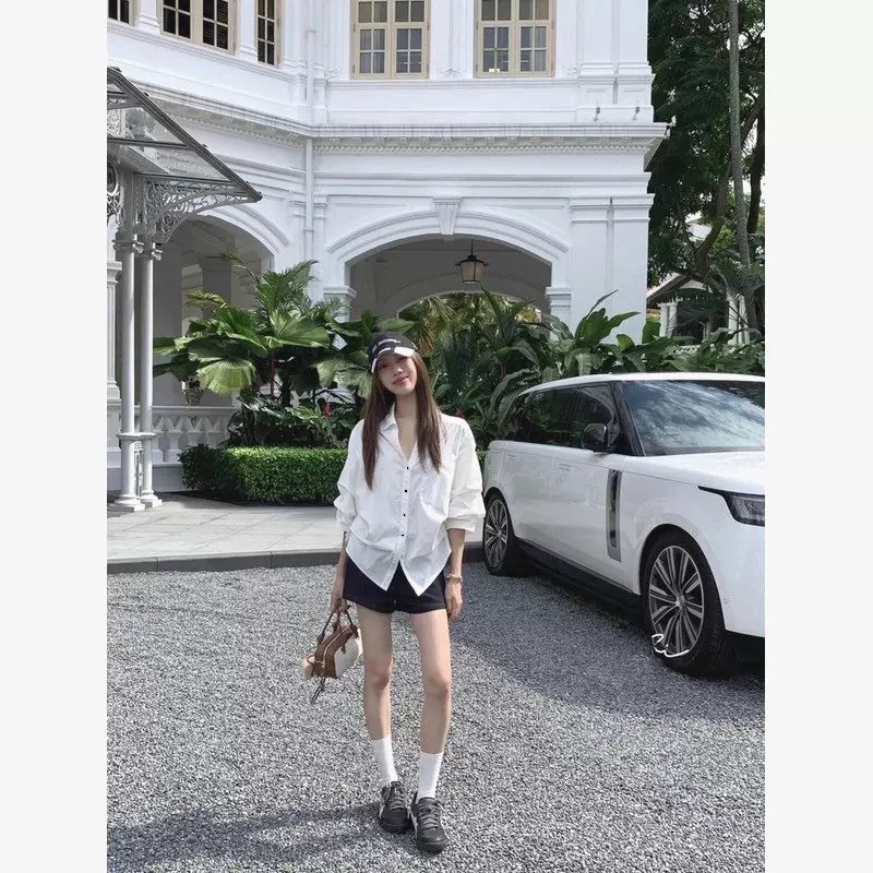 (全额运补）秋季休闲百搭白色翻领泡泡袖收腰女衬衫